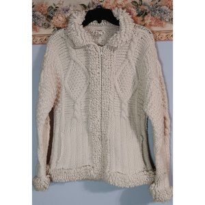 Artesanias Otavalo Ecuador Small Cream Wool Cable Knit Zip Outdoor Boho Cardigan